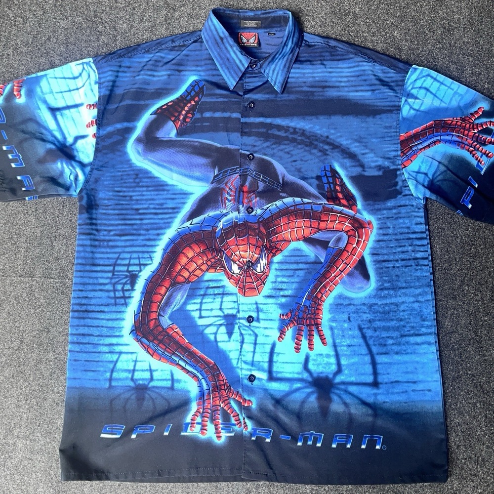 Spiderman Short‎ Sleeve Button Up Shirt Mens L